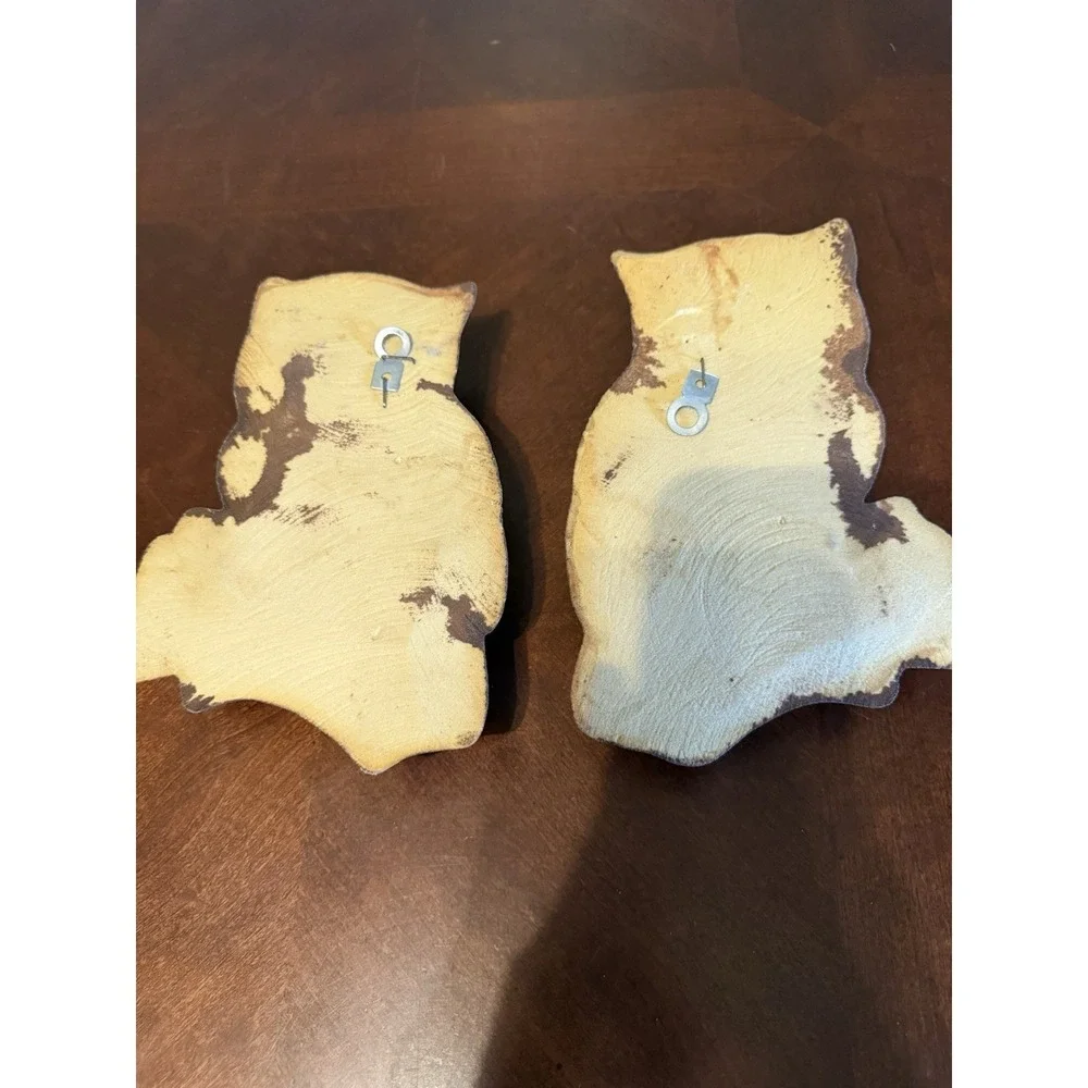 Vtg Owl Wall Decor Set Mid Century Retro Faux‎ Wood Look Hanging Pair